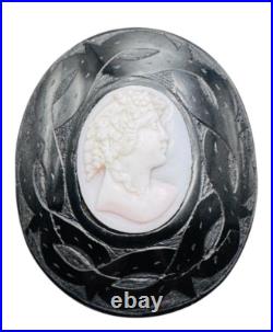 Antique Victorian Whitby Jet Cameo Brooch Hand Carved Shell Goddess
