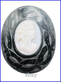 Antique Victorian Whitby Jet Cameo Brooch Hand Carved Shell Goddess