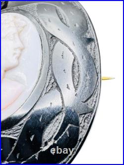 Antique Victorian Whitby Jet Cameo Brooch Hand Carved Shell Goddess