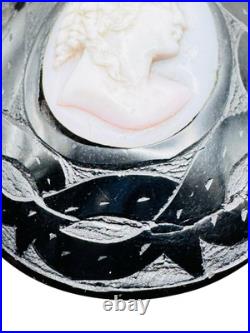 Antique Victorian Whitby Jet Cameo Brooch Hand Carved Shell Goddess