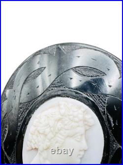 Antique Victorian Whitby Jet Cameo Brooch Hand Carved Shell Goddess