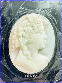 Antique Victorian Whitby Jet Cameo Brooch Hand Carved Shell Goddess