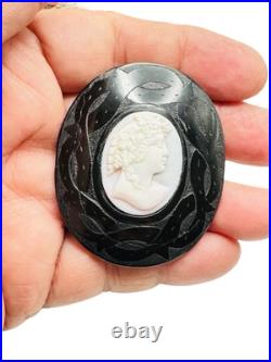 Antique Victorian Whitby Jet Cameo Brooch Hand Carved Shell Goddess