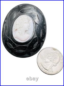 Antique Victorian Whitby Jet Cameo Brooch Hand Carved Shell Goddess