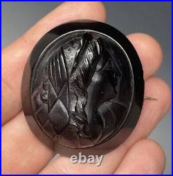 Antique Victorian Whitby Jet Hand Carved Mourning Brooch Pin Cameo Neoclassical