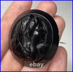 Antique Victorian Whitby Jet Hand Carved Mourning Brooch Pin Cameo Neoclassical