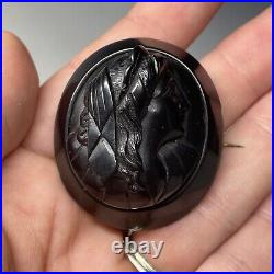 Antique Victorian Whitby Jet Hand Carved Mourning Brooch Pin Cameo Neoclassical