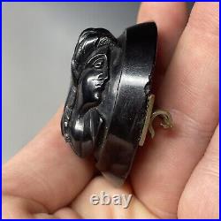 Antique Victorian Whitby Jet Hand Carved Mourning Brooch Pin Cameo Neoclassical