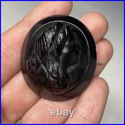 Antique Victorian Whitby Jet Hand Carved Mourning Brooch Pin Cameo Neoclassical