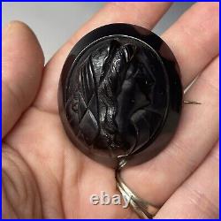 Antique Victorian Whitby Jet Hand Carved Mourning Brooch Pin Cameo Neoclassical