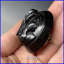 Antique Victorian Whitby Jet Hand Carved Mourning Brooch Pin Cameo Neoclassical