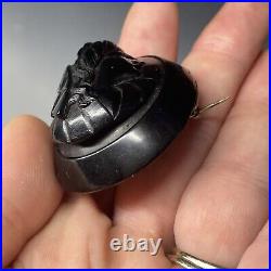 Antique Victorian Whitby Jet Hand Carved Mourning Brooch Pin Cameo Neoclassical