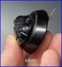 Antique Victorian Whitby Jet Hand Carved Mourning Brooch Pin Cameo Neoclassical