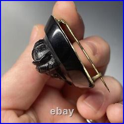 Antique Victorian Whitby Jet Hand Carved Mourning Brooch Pin Cameo Neoclassical