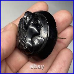 Antique Victorian Whitby Jet Hand Carved Mourning Brooch Pin Cameo Neoclassical