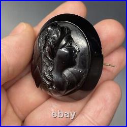 Antique Victorian Whitby Jet Hand Carved Mourning Brooch Pin Cameo Neoclassical