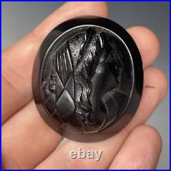 Antique Victorian Whitby Jet Hand Carved Mourning Brooch Pin Cameo Neoclassical