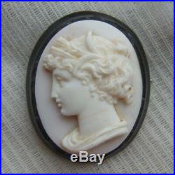 Antique Victorian Whitby Jet Hand Carved Shell Cameo Brooch