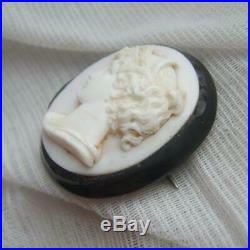 Antique Victorian Whitby Jet Hand Carved Shell Cameo Brooch