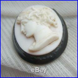 Antique Victorian Whitby Jet Hand Carved Shell Cameo Brooch