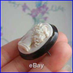 Antique Victorian Whitby Jet Hand Carved Shell Cameo Brooch