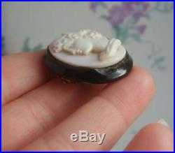 Antique Victorian Whitby Jet Hand Carved Shell Cameo Brooch