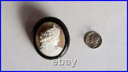 Antique Victorian Whitby Jet Hand-Carved Shell Mourning Cameo Pin/Pendant