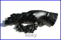 Antique Victorian Whitby Jet Vulcanite Mourning Goth Hand Rose Flower Brooch Pin