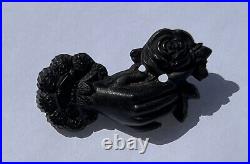 Antique Victorian Whitby Jet Vulcanite Mourning Goth Hand Rose Flower Brooch Pin