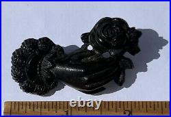 Antique Victorian Whitby Jet Vulcanite Mourning Goth Hand Rose Flower Brooch Pin