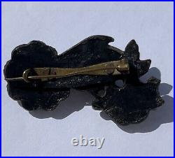 Antique Victorian Whitby Jet Vulcanite Mourning Goth Hand Rose Flower Brooch Pin