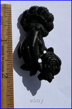 Antique Victorian Whitby Jet Vulcanite Mourning Goth Hand Rose Flower Brooch Pin