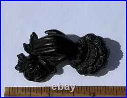 Antique Victorian Whitby Jet Vulcanite Mourning Goth Hand Rose Flower Brooch Pin