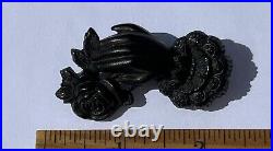 Antique Victorian Whitby Jet Vulcanite Mourning Goth Hand Rose Flower Brooch Pin