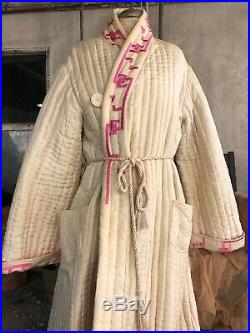 Antique Victorian White Silk Hand Quilted Dressing Gown Pink Embroidery Maxi Vtg