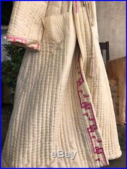 Antique Victorian White Silk Hand Quilted Dressing Gown Pink Embroidery Maxi Vtg