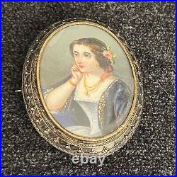 Antique Victorian Woman Hand Painted Portrait Pendant