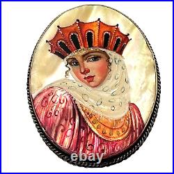 Antique Victorian Womans Brooch Pin Hand Painted Portrait Pearl Sterling Silver