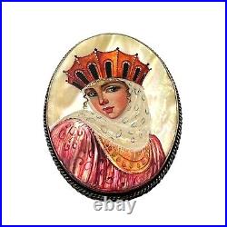 Antique Victorian Womans Brooch Pin Hand Painted Portrait Pearl Sterling Silver