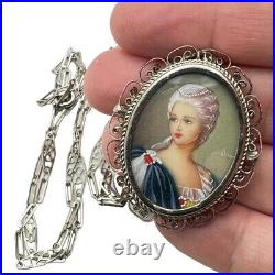 Antique Victorian Womans Brooch Pin Pendant Necklace Hand Painted Portrait