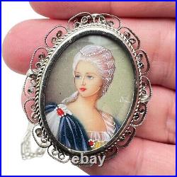 Antique Victorian Womans Brooch Pin Pendant Necklace Hand Painted Portrait