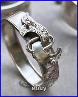 Antique Victorian Women Jewelry Circle Bangle Cuff Silver 800 Hand Carved buckle