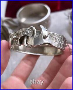 Antique Victorian Women Jewelry Circle Bangle Cuff Silver 800 Hand Carved buckle