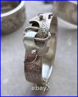 Antique Victorian Women Jewelry Circle Bangle Cuff Silver 800 Hand Carved buckle