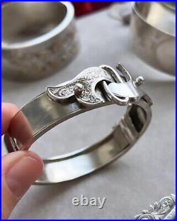 Antique Victorian Women Jewelry Circle Bangle Cuff Silver 800 Hand Carved buckle