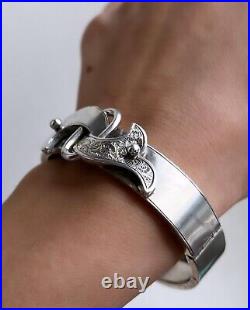 Antique Victorian Women Jewelry Circle Bangle Cuff Silver 800 Hand Carved buckle