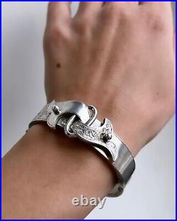 Antique Victorian Women Jewelry Circle Bangle Cuff Silver 800 Hand Carved buckle