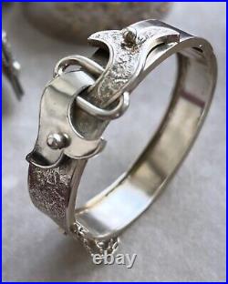 Antique Victorian Women Jewelry Circle Bangle Cuff Silver 800 Hand Carved buckle
