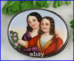 Antique Victorian double portrait hand-painted porcelain silver brooch pin