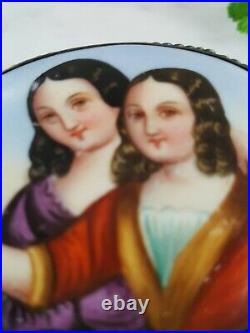 Antique Victorian double portrait hand-painted porcelain silver brooch pin